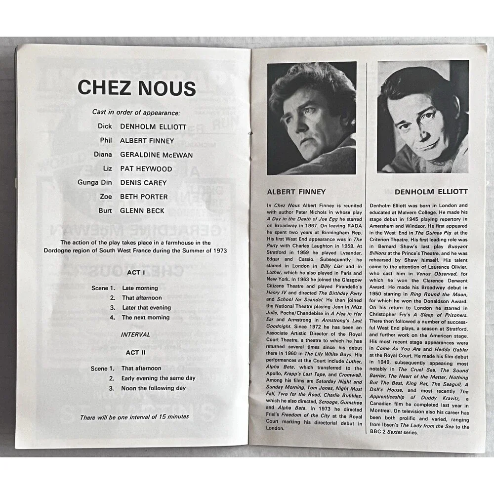 1974 Globe Theatre CHEZ NOUS Programme Albert Finney Denholm Elliott In London